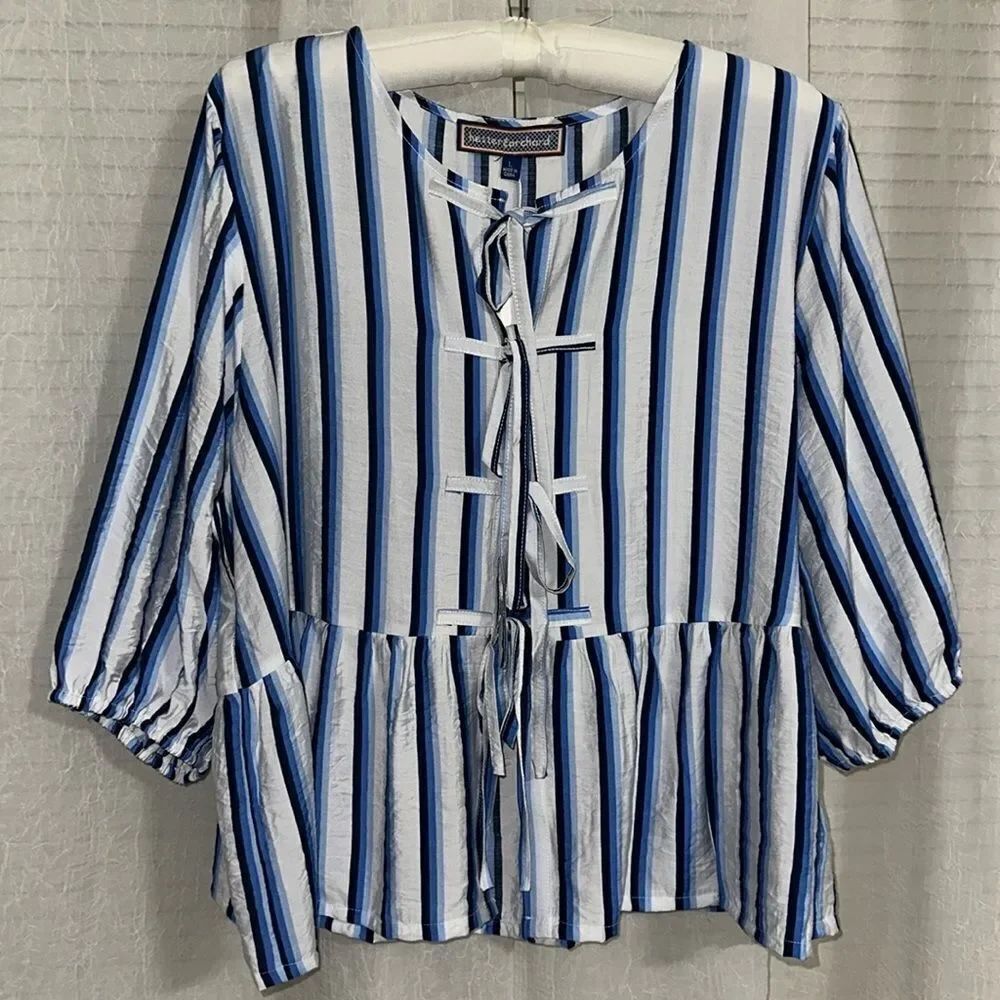 hester & orchard L White Blue Stripe Baby Doll Front Ties Quarter Sleeve Blouse - Picture 3 of 10